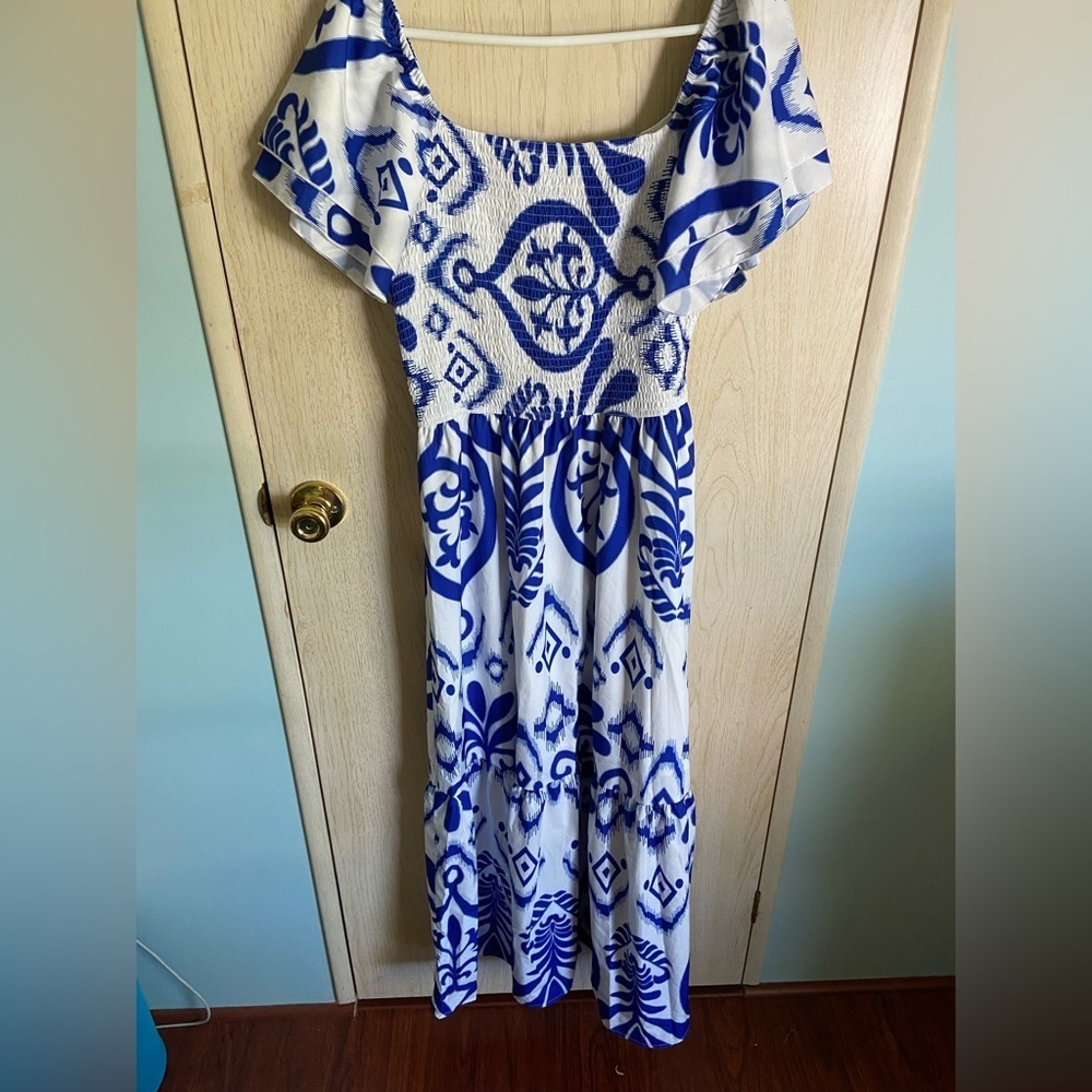 EFJONE Blue & White Allover Print Stretch Top Layer Sleeve Tiered Greek Dress XL - Picture 5 of 9